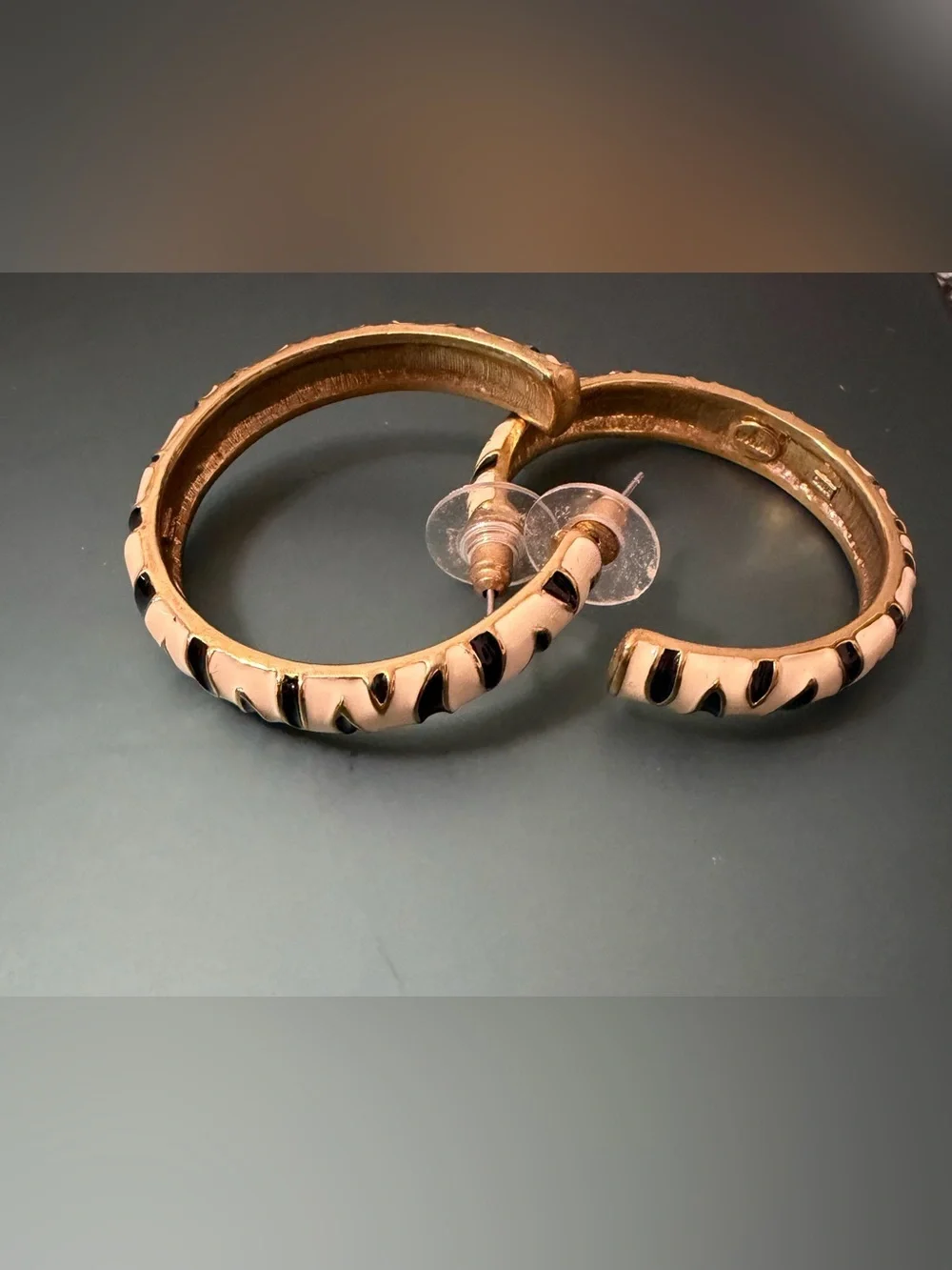 Vintage Carolee Gold Tone Zebra Enamel Hoop Earrings